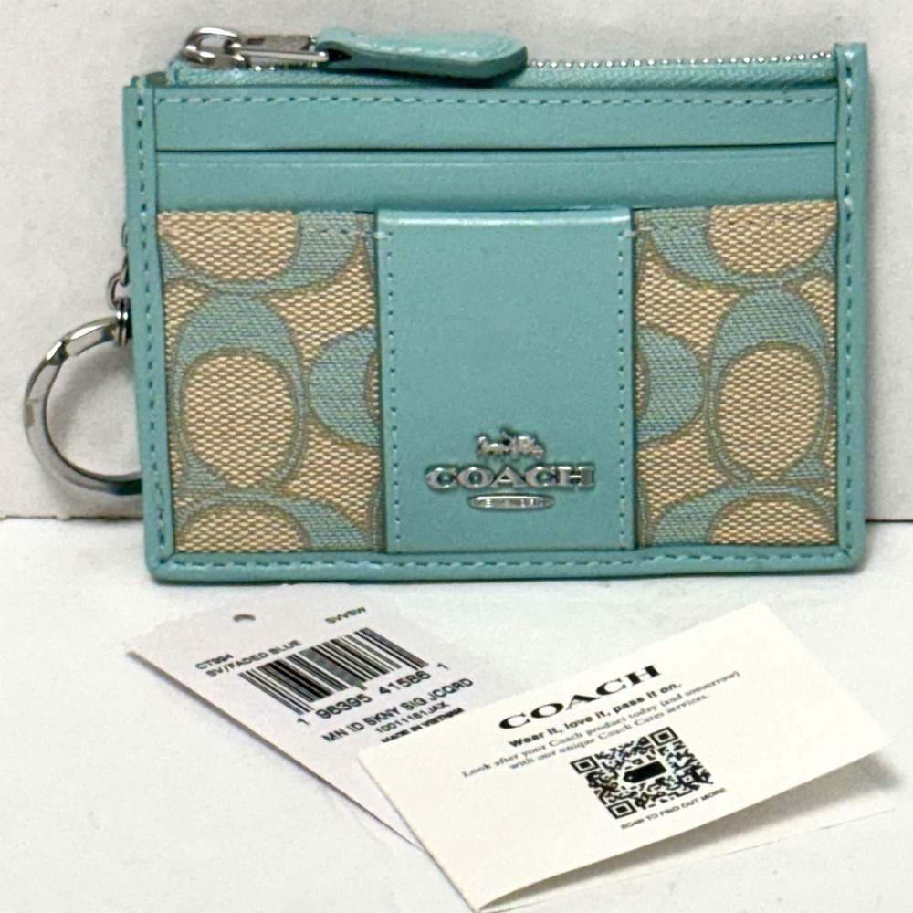 New COACH CT994 Mini Skinny Id Card Case In Signature Jacquard Silver/Faded Blue - Picture 1 of 9